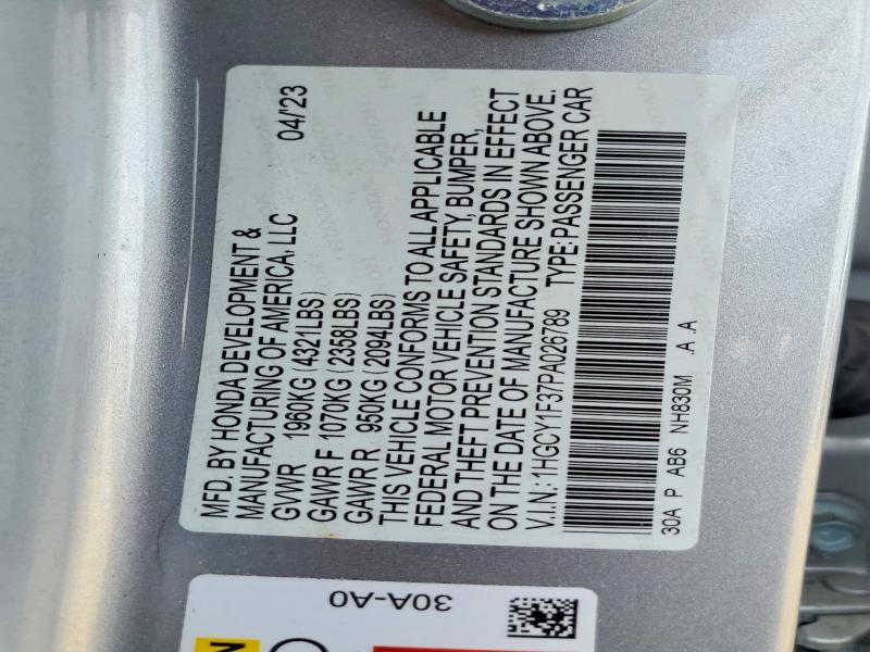 Aukcja sprzedaży 2023 Honda Accord, vin: 1HGCY1F37PA026789, numer aukcji: 67733446