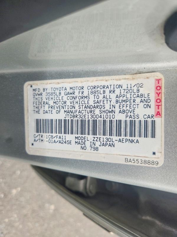 69382346 :رقم المزاد ، JTDBR32E130041010 vin ، 2003 Toyota Corolla مزاد بيع