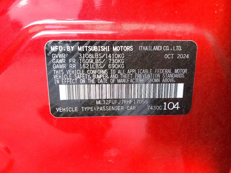 67417406 :رقم المزاد ، ML32FUFJ7RHF17055 vin ، 2024 Mitsubishi Mirage مزاد بيع