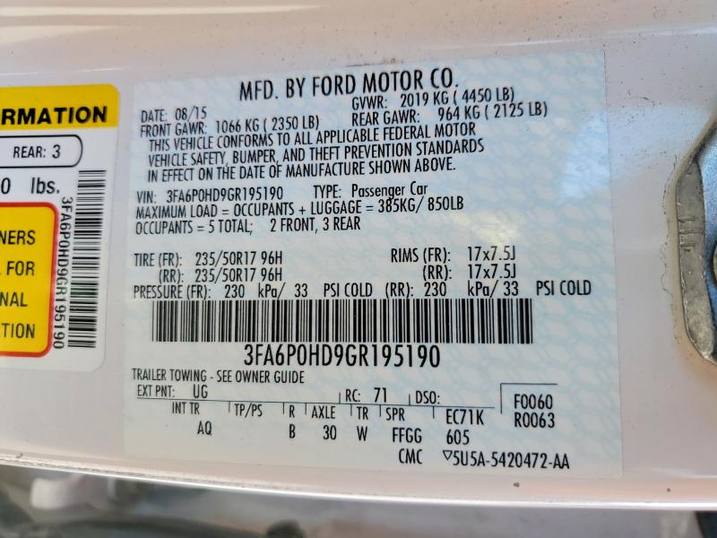 2016 Ford Fusion მანქანა იყიდება აუქციონზე, vin: 3FA6P0HD9GR195190, აუქციონის ნომერი: 69895806