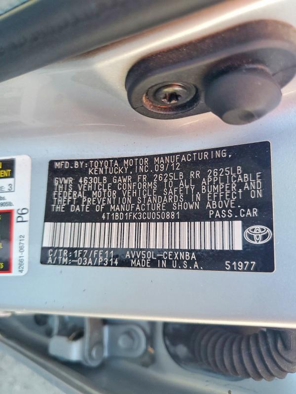 Продажа на аукционе авто 2012 Toyota Camry Hybrid, vin: 4T1BD1FK3CU050881, номер лота: 68390096
