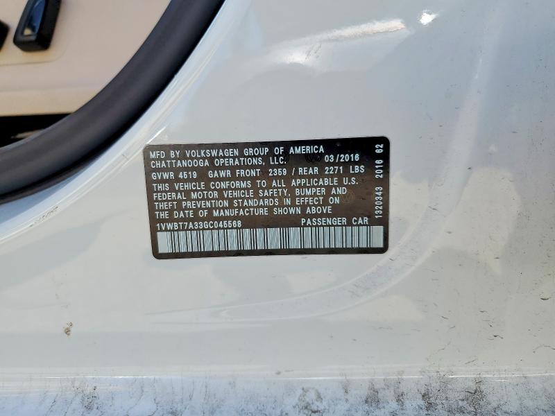 67841156 :رقم المزاد ، 1VWBT7A33GC045568 vin ، 2016 Volkswagen Passat مزاد بيع