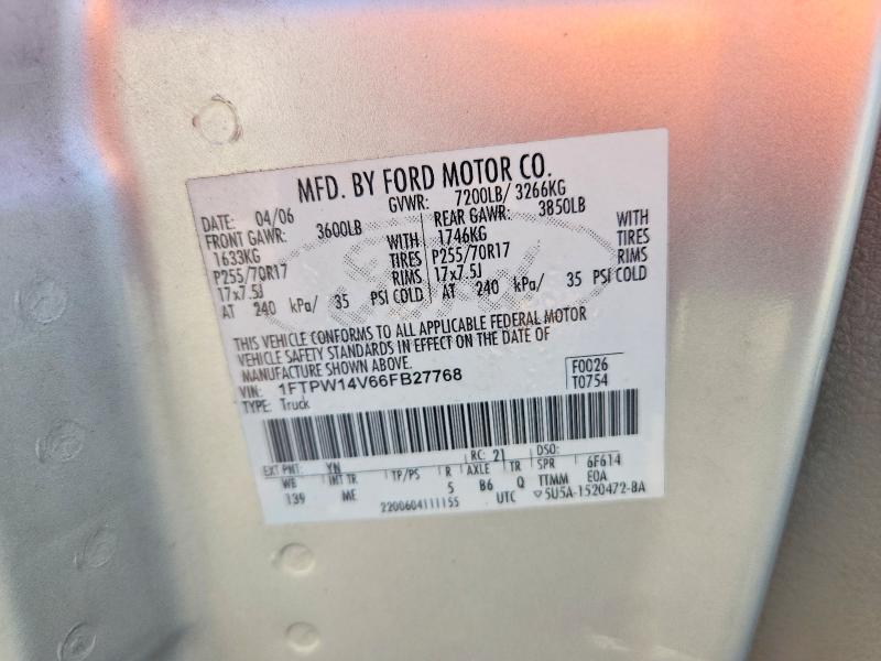 2006 Ford F150 მანქანა იყიდება აუქციონზე, vin: 1FTPW14V66FB27768, აუქციონის ნომერი: 69896276