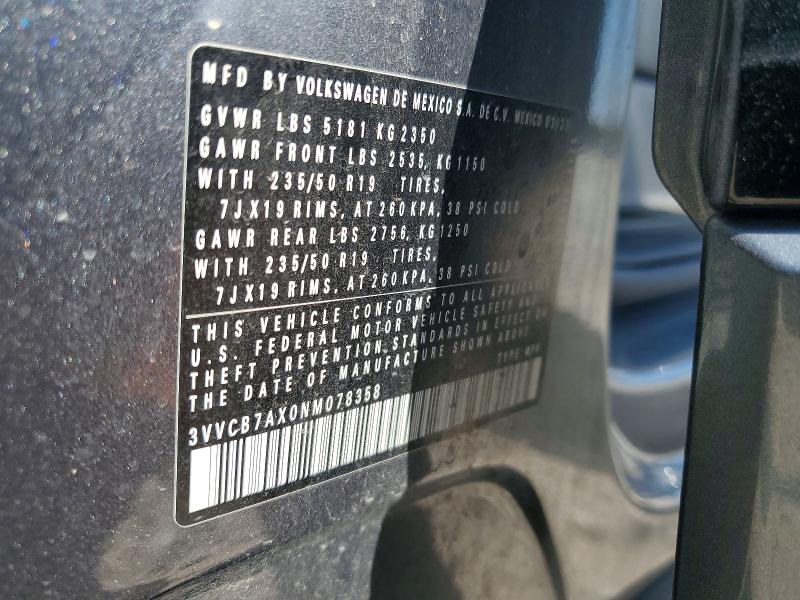 68447536 :رقم المزاد ، 3VVCB7AX0NM078358 vin ، 2022 Volkswagen Tiguan مزاد بيع