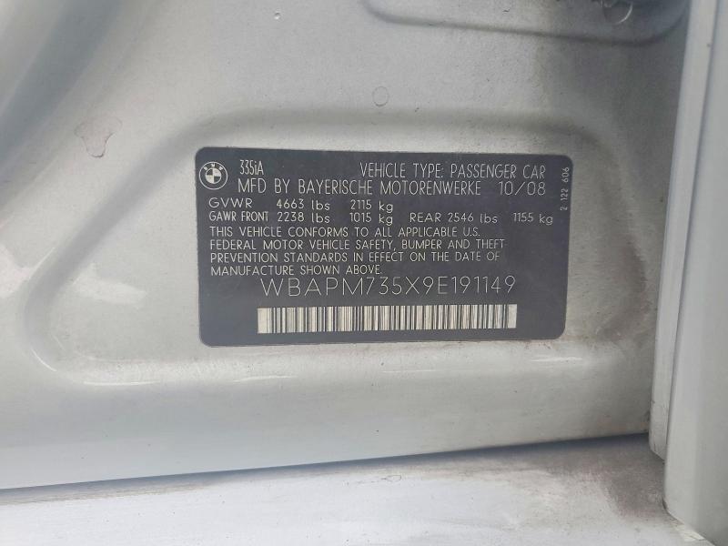 2009 Bmw 335 მანქანა იყიდება აუქციონზე, vin: WBAPM735X9E191149, აუქციონის ნომერი: 68874946