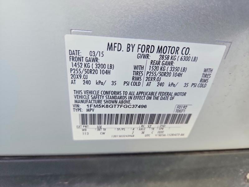 Auction sale of the 2015 Ford Explorer, vin: 1FM5K8GT7FGC37496, lot number: 67501166