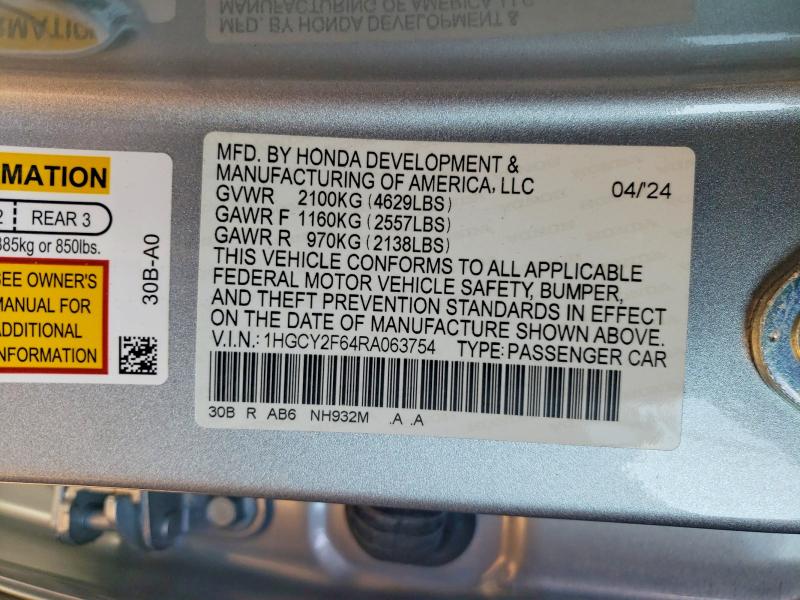 Aukcja sprzedaży 2024 Honda Accord, vin: 1HGCY2F64RA063754, numer aukcji: 67442586