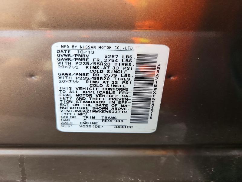 66863526 :رقم المزاد ، JN8AZ1MWXEW503719 vin ، 2014 Nissan Murano مزاد بيع