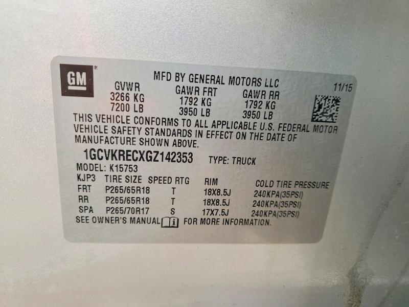 70500646 :رقم المزاد ، 1GCVKRECXGZ142353 vin ، 2016 Chevrolet Silverado مزاد بيع