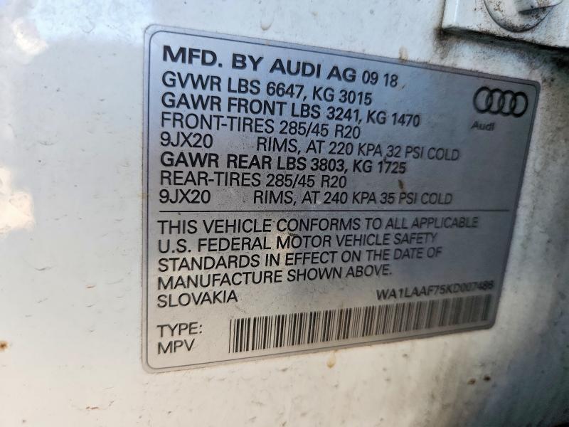 2019 Audi Q7 მანქანა იყიდება აუქციონზე, vin: WA1LAAF75KD007486, აუქციონის ნომერი: 67461586