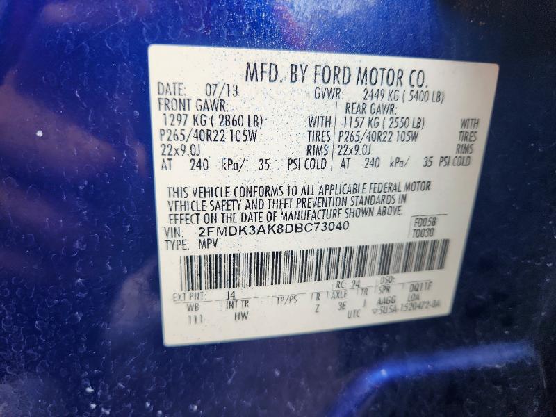 67447896 :رقم المزاد ، 2FMDK3AK8DBC73040 vin ، 2013 Ford Edge مزاد بيع