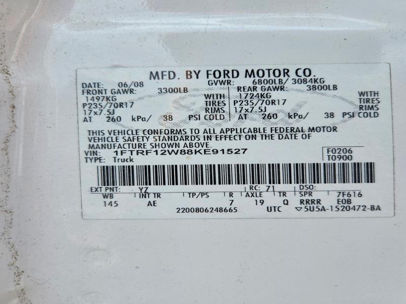 2008 Ford F150 მანქანა იყიდება აუქციონზე, vin: 1FTRF12W88KE91527, აუქციონის ნომერი: 68085496