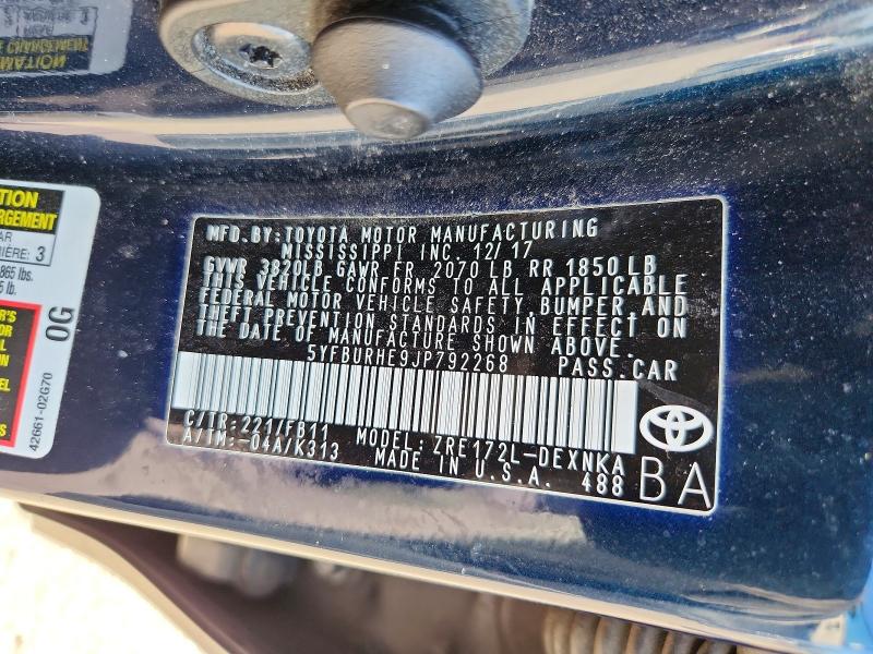 Продаж на аукціоні авто 2018 Toyota Corolla, vin: 5YFBURHE9JP792268, номер лоту: 69099946