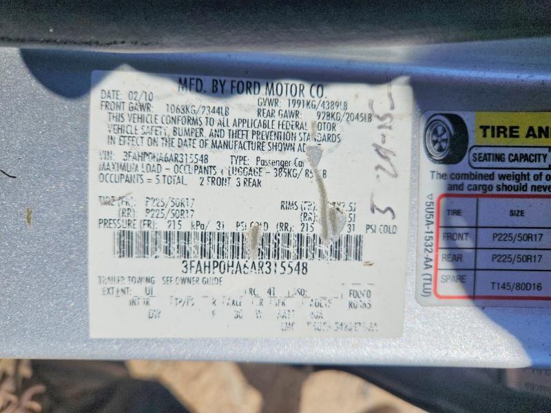 2010 Ford Fusion მანქანა იყიდება აუქციონზე, vin: 3FAHP0HA6AR315548, აუქციონის ნომერი: 68099246