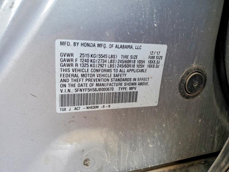 68852646 :رقم المزاد ، 5FNYF5H58JB000670 vin ، 2018 Honda Pilot مزاد بيع