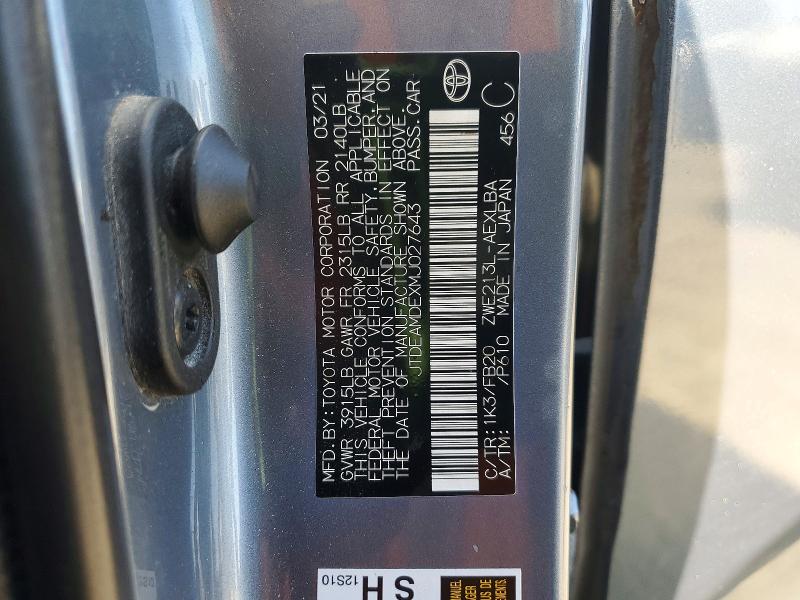 Aukcja sprzedaży 2021 Toyota Corolla, vin: JTDEAMDEXMJ027643, numer aukcji: 70864336