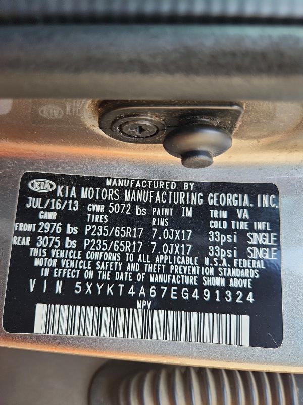 67295646 :رقم المزاد ، 5XYKT4A67EG491324 vin ، 2014 Kia Sorento مزاد بيع
