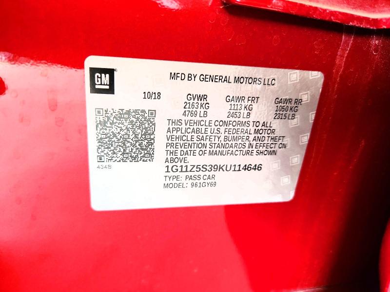 2019 Chevrolet Impala მანქანა იყიდება აუქციონზე, vin: 1G11Z5S39KU114646, აუქციონის ნომერი: 67747826
