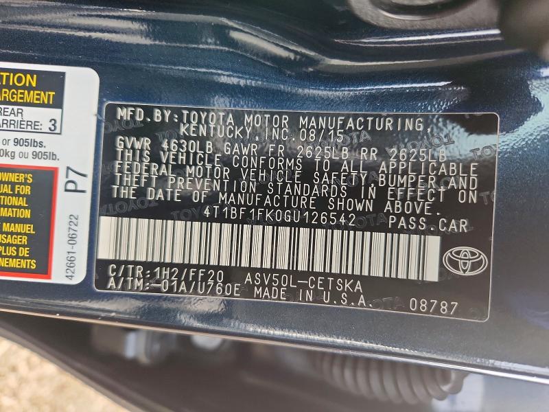 2016 Toyota Camry მანქანა იყიდება აუქციონზე, vin: 4T1BF1FK0GU126542, აუქციონის ნომერი: 68263036