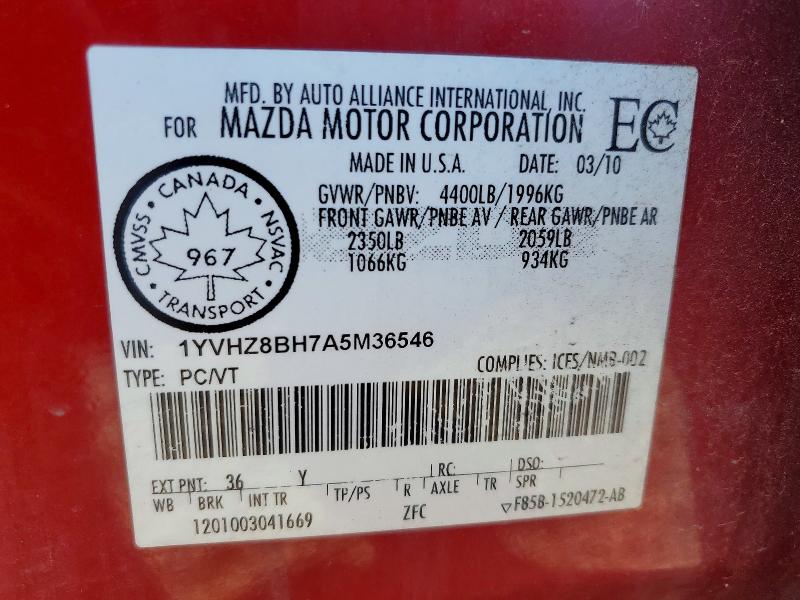Aukcja sprzedaży 2010 Mazda 6, vin: 1YVHZ8BH7A5M36546, numer aukcji: 69999216