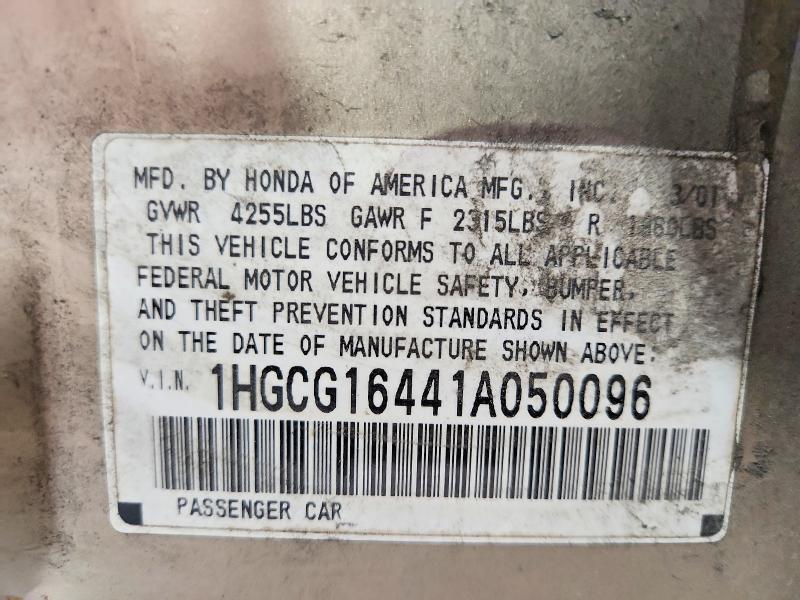 2001 Honda Accord მანქანა იყიდება აუქციონზე, vin: 1HGCG16441A050096, აუქციონის ნომერი: 69509516