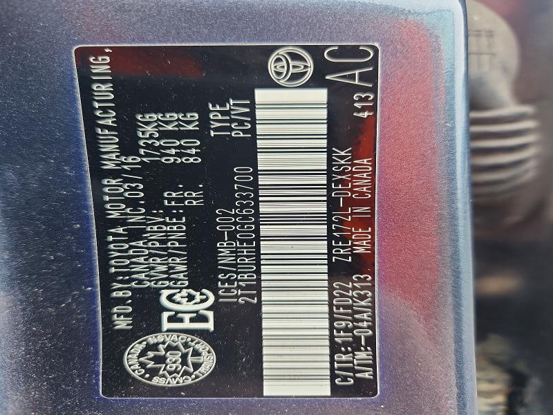 2016 Toyota Corolla მანქანა იყიდება აუქციონზე, vin: 2T1BURHE0GC633700, აუქციონის ნომერი: 67151236