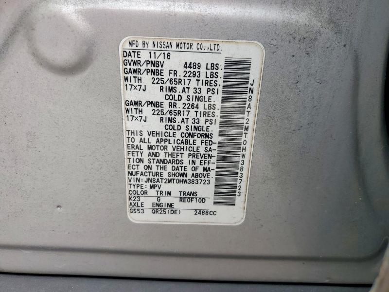 2017 Nissan Rogue მანქანა იყიდება აუქციონზე, vin: JN8AT2MT0HW383723, აუქციონის ნომერი: 69543826