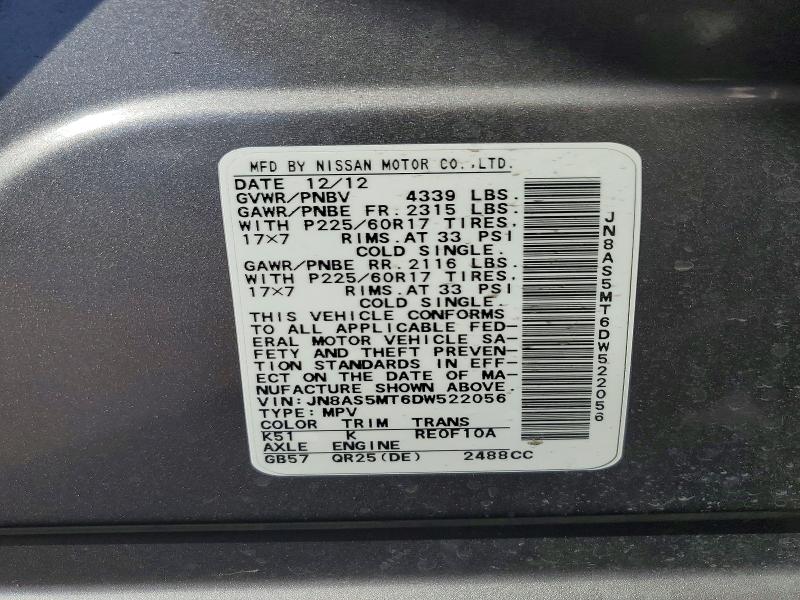 68842066 :رقم المزاد ، JN8AS5MT6DW522056 vin ، 2013 Nissan Rogue مزاد بيع