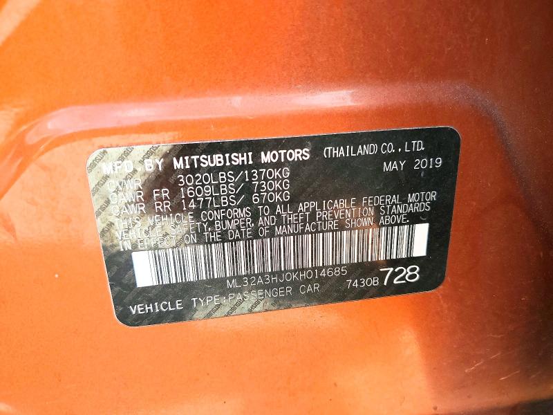 Продажа на аукционе авто 2019 Mitsubishi Mirage, vin: ML32A3HJ0KH014685, номер лота: 68958406