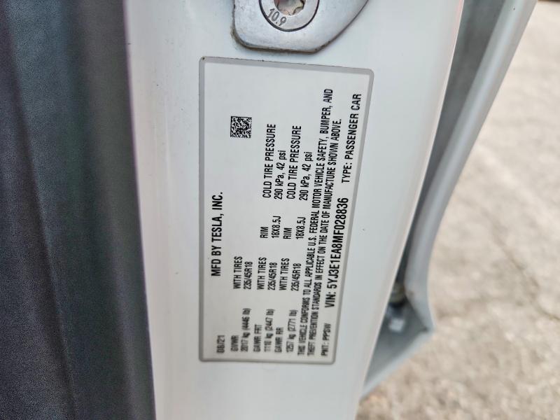 68578476 :رقم المزاد ، 5YJ3E1EA8MF028836 vin ، 2021 Tesla Model 3 مزاد بيع
