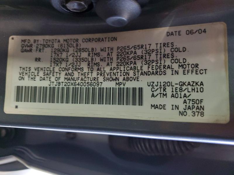 Продаж на аукціоні авто 2004 Lexus Gx, vin: JTJBT20X640056097, номер лоту: 71039726