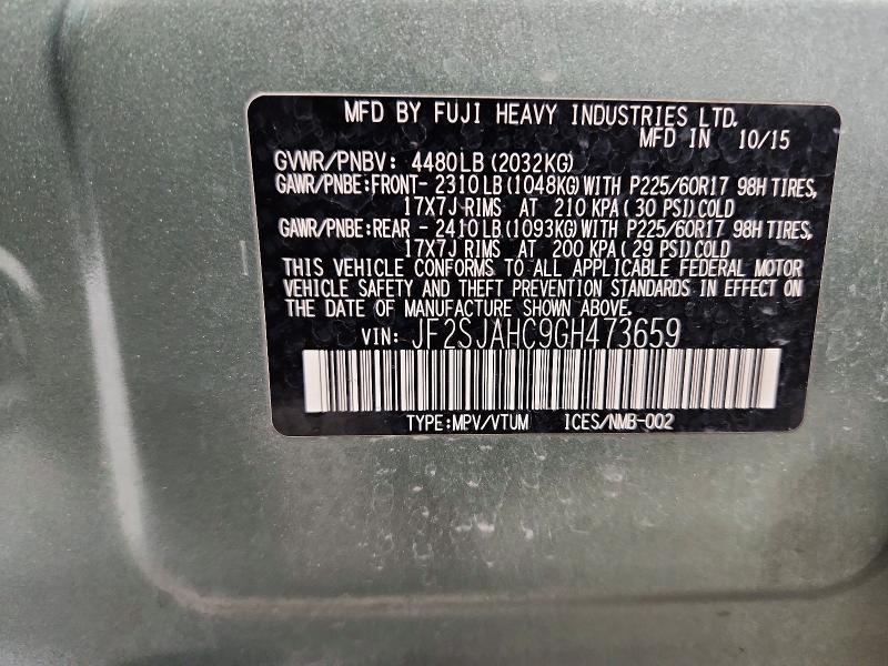 69517176 :رقم المزاد ، JF2SJAHC9GH473659 vin ، 2016 Subaru Forester مزاد بيع