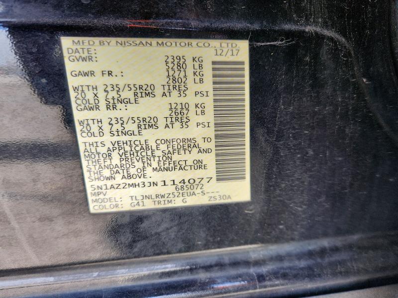 Aukcja sprzedaży 2018 Nissan Murano, vin: 5N1AZ2MH3JN114077, numer aukcji: 69206936