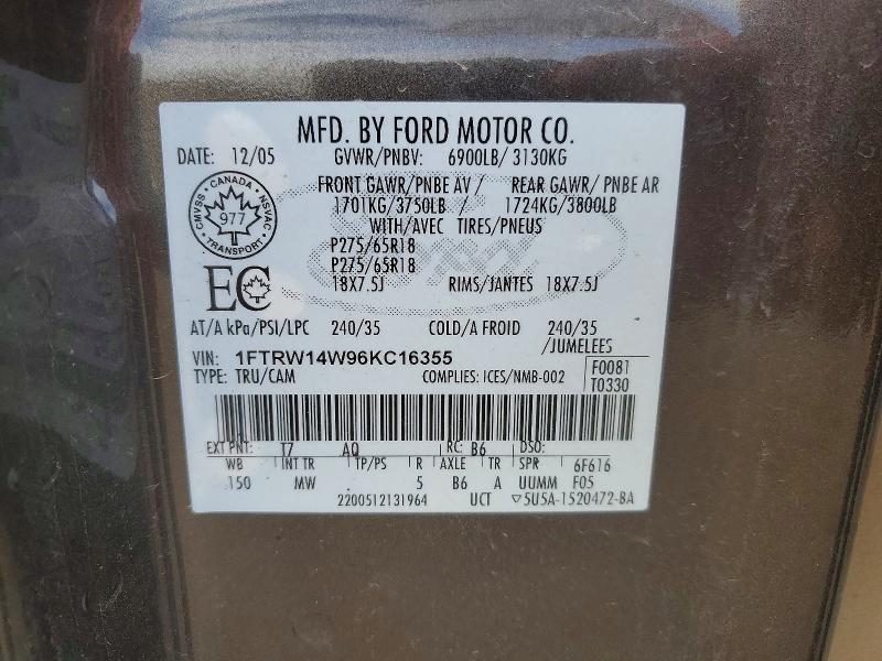 70147106 :رقم المزاد ، 1FTRW14W96KC16355 vin ، 2006 Ford F150 مزاد بيع