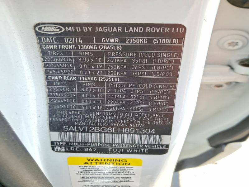 2014 Land Rover Range Rover Evoque მანქანა იყიდება აუქციონზე, vin: SALVT2BG6EH891304, აუქციონის ნომერი: 68376746