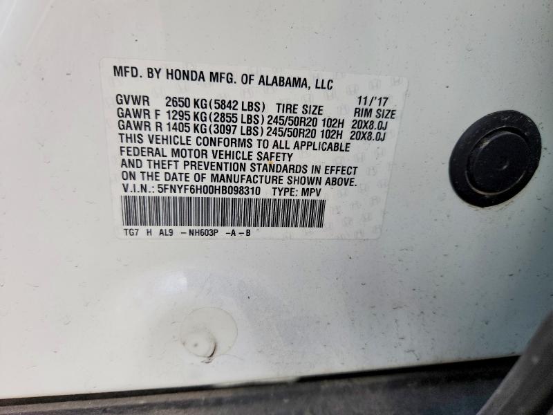 69630066 :رقم المزاد ، 5FNYF6H00HB098310 vin ، 2017 Honda Pilot مزاد بيع