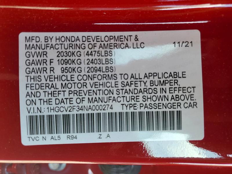 2022 Honda Accord მანქანა იყიდება აუქციონზე, vin: 1HGCV2F34NA000274, აუქციონის ნომერი: 68586246