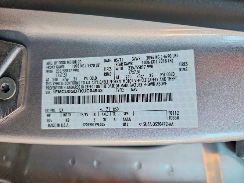Aukcja sprzedaży 2019 Ford Escape, vin: 1FMCU0GD7KUC04943, numer aukcji: 69804606
