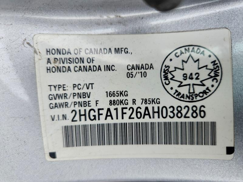 2010 Honda Civic მანქანა იყიდება აუქციონზე, vin: 2HGFA1F26AH038286, აუქციონის ნომერი: 67177486