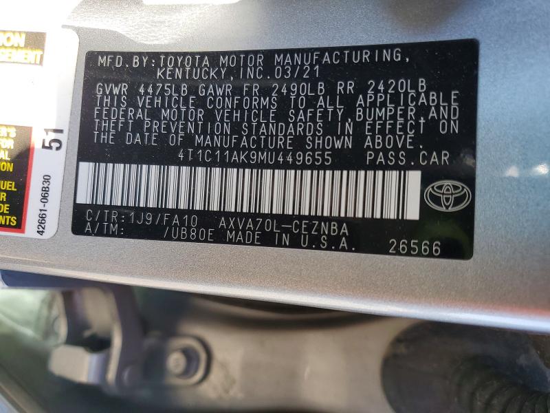2021 Toyota Camry მანქანა იყიდება აუქციონზე, vin: 4T1C11AK9MU449655, აუქციონის ნომერი: 69506076