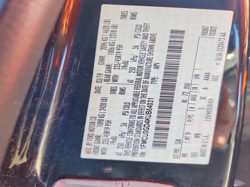 2019 Ford Escape მანქანა იყიდება აუქციონზე, vin: 1FMCU0GD4KUB64031, აუქციონის ნომერი: 68118226