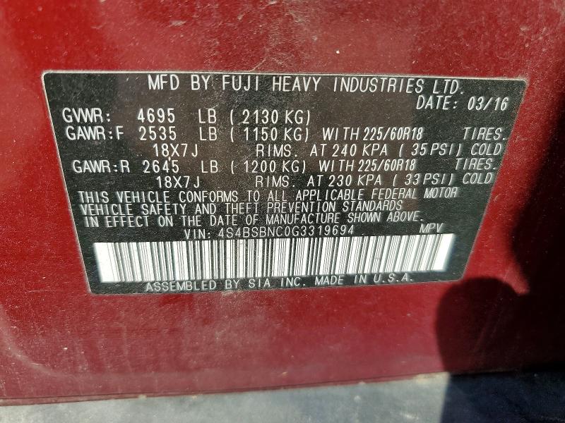 2016 Subaru Outback მანქანა იყიდება აუქციონზე, vin: 4S4BSBNC0G3319694, აუქციონის ნომერი: 69229826