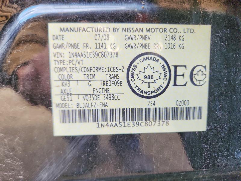 68693626 :رقم المزاد ، 1N4AA51E39C807378 vin ، 2009 Nissan Maxima مزاد بيع