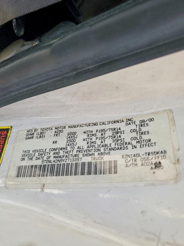 2000 Toyota Tacoma მანქანა იყიდება აუქციონზე, vin: 5TENL42N9YZ713357, აუქციონის ნომერი: 70682476