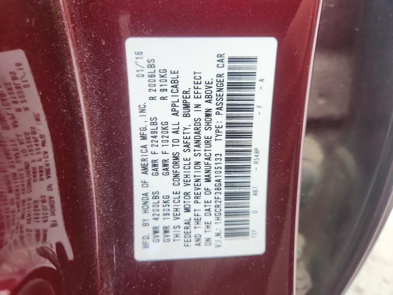 2016 Honda Accord მანქანა იყიდება აუქციონზე, vin: 1HGCR2F38GA105133, აუქციონის ნომერი: 70275776