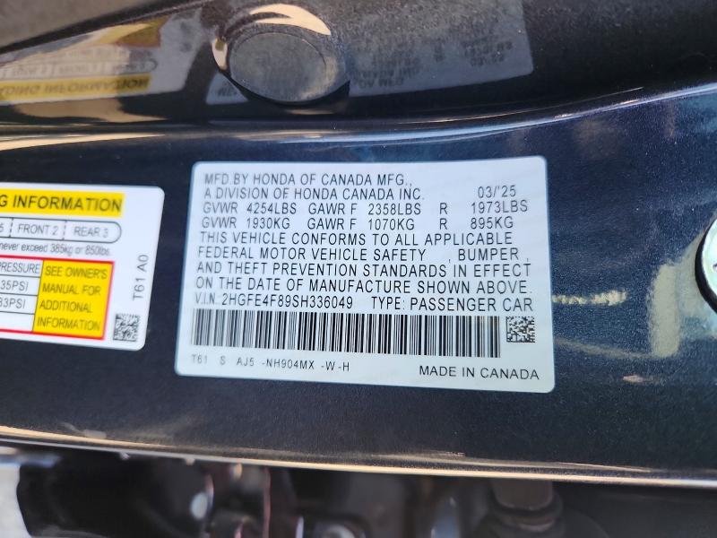2025 Honda Civic მანქანა იყიდება აუქციონზე, vin: 2HGFE4F89SH336049, აუქციონის ნომერი: 70520196