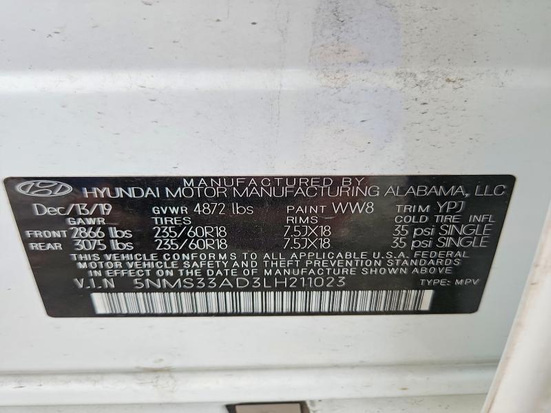 2020 Hyundai Santa Fe მანქანა იყიდება აუქციონზე, vin: 5NMS33AD3LH211023, აუქციონის ნომერი: 70342386