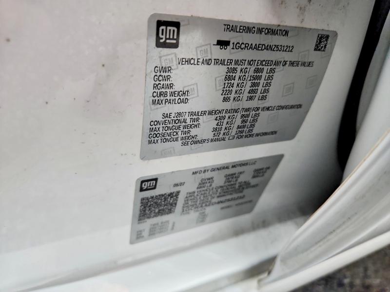 2022 Chevrolet Silverado მანქანა იყიდება აუქციონზე, vin: 1GCRAAED4NZ531212, აუქციონის ნომერი: 70763716