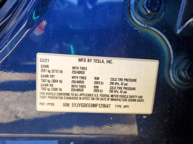 68912596 :رقم المزاد ، 5YJYGDEE0MF129647 vin ، 2021 Tesla Model Y مزاد بيع
