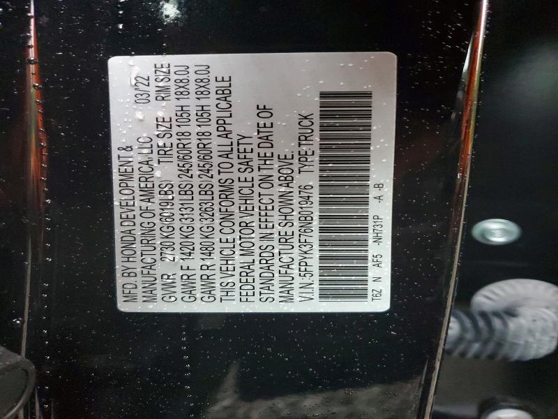 70366546 :رقم المزاد ، 5FPYK3F76NB019476 vin ، 2022 Honda Ridgeline مزاد بيع